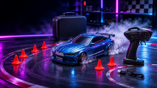 DRIFTERBOX mini drift car sliding round a neon track with remote control